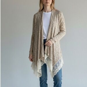 Flying Tomato Cardigan Small Tan Cream Lace Trim Knit Boho Open Front Sweater